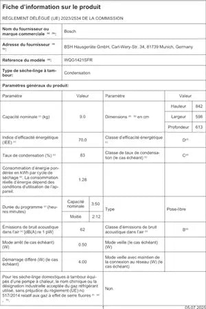 Sèche-linge pompe à chaleur Bosch WQG1421SFR SERINITY