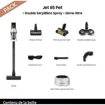Aspirateur balai SAMSUNG Pack Jet 85 Pet + Double serpillière spray + 2ème filtre